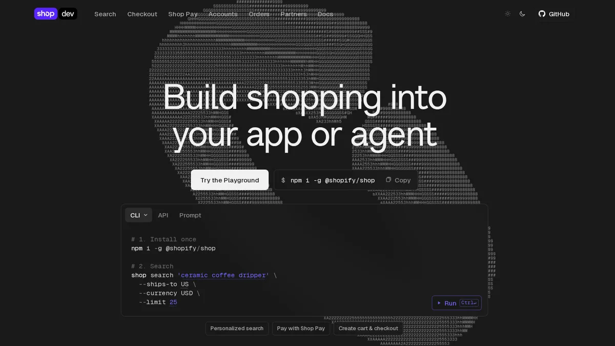 Screenshot of shop.dev, Shopify's Shop MCP developer site, headlined "Build shopping into your app or agent"