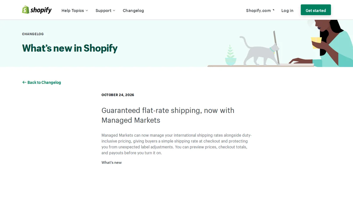 Screenshot of the Shopify Changelog post "Guaranteed flat-rate shipping, now with Managed Markets" dated October 24, 2026