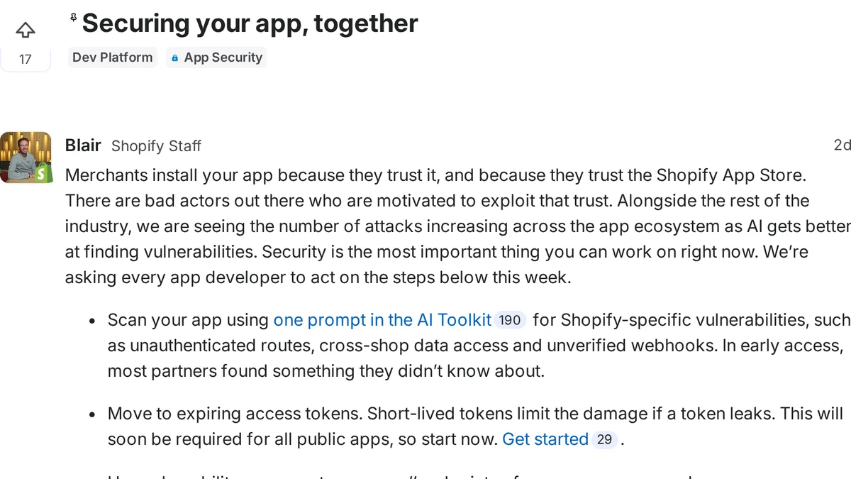 Screenshot of Shopify's developer forum post "Securing your app, together" (Oct 20, 2026), asking app developers to act on security steps
