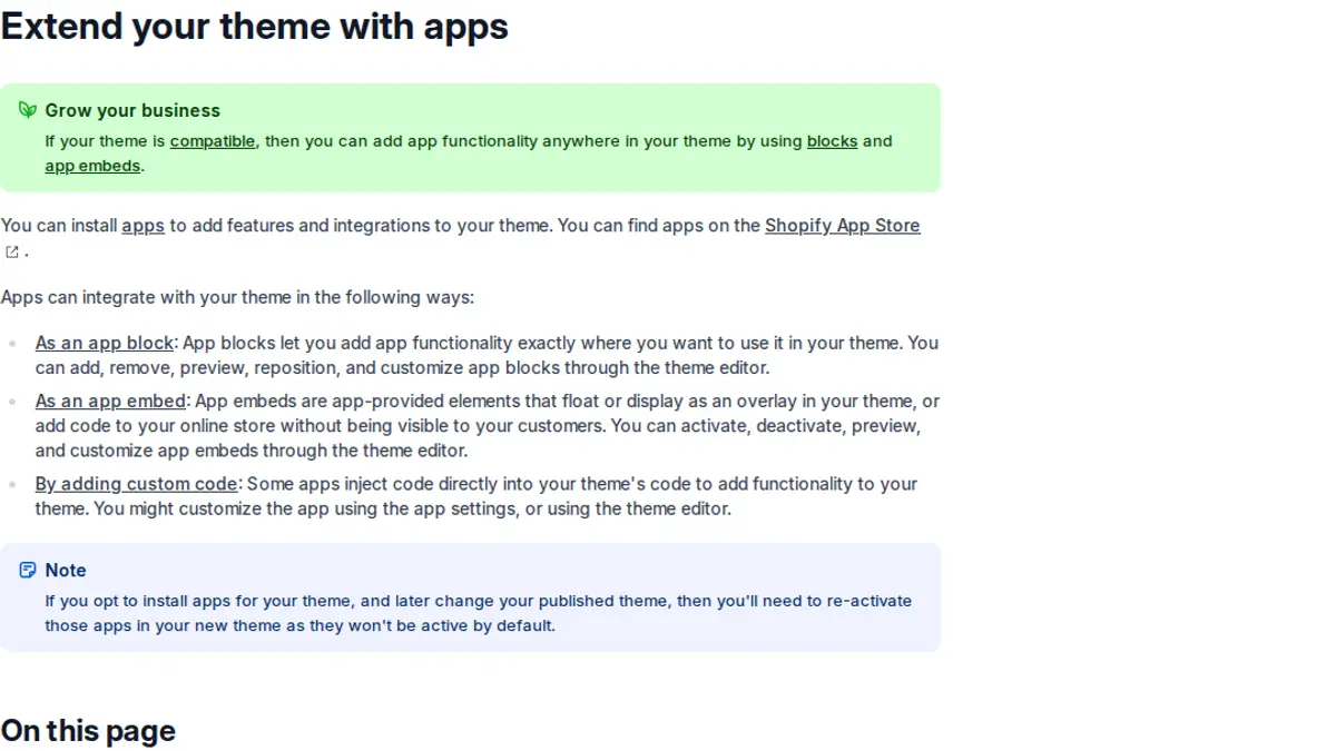 Screenshot of Shopify's help page "Extend your theme with apps", explaining that app embeds and app blocks load on the storefront